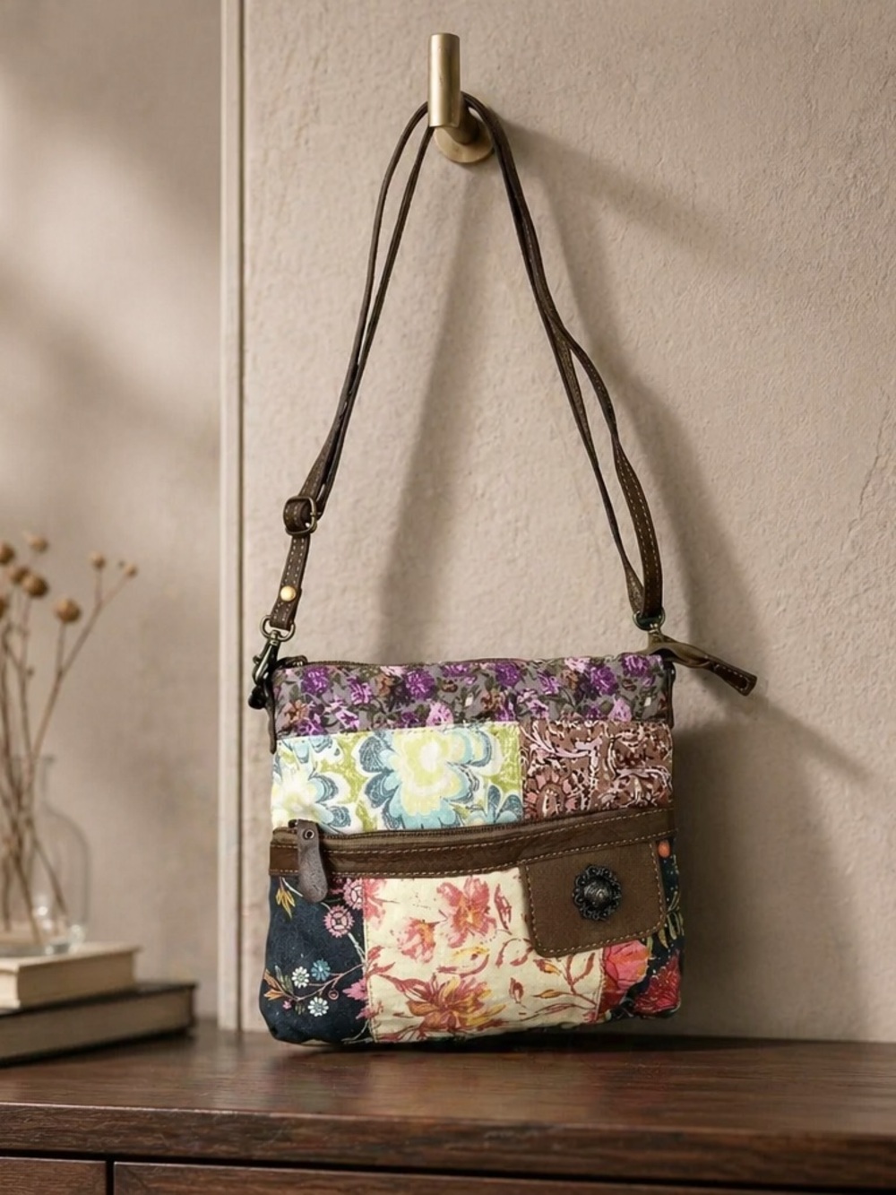 Myra Floral Patchwork Crossbody Bag Boho Western Canvas Leather Rug Purse